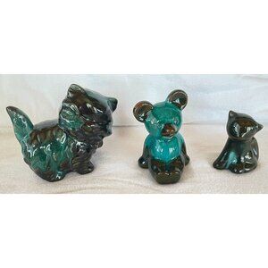 2 Cats & Teddy Bear BMP Style Clay Pottery Canada Teal Drip Glazed Cat Collector